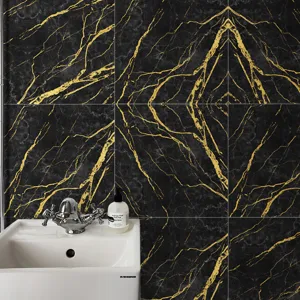Detailed view of black and gold marble pattern tile sticker, waterproof wall and floor decor.