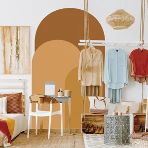 Boho arch wall decal detail showing warm earth tones for cozy bedroom and living room decor.