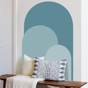 Boho arch wall decal detail view, modern geometric blue half circle sticker for home room decor.