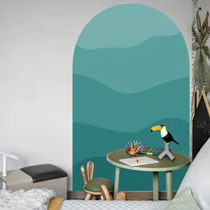 Boho wall sticker, green arch mountain peel and stick wallpaper for living room bedroom decor.