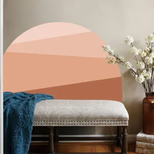 Boho wall sticker scene detail, half-circle geometric design, warm pink terracotta tone decor.