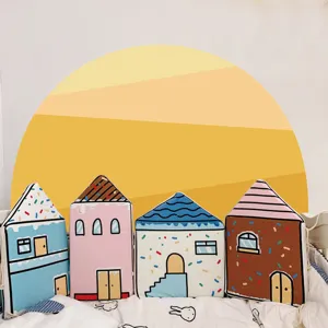 Bohemian style wall sticker with cute house shaped plush pillows for kids room decor.