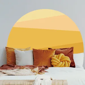 Boho wall sticker detail showing bedroom decor scene with abstract sunset geometric art.