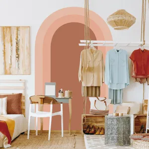 Close-up detail showcasing the stylish Boho arch wall decal in a cozy bedroom room setup.