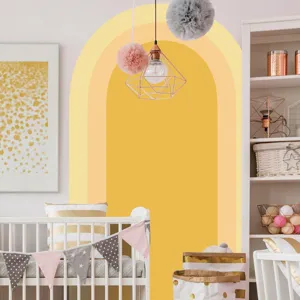Close-up detail of Boho yellow arch wall sticker in a cozy nursery decor scene setup.