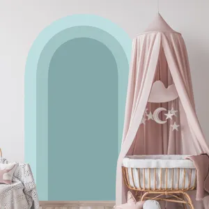 Boho arch wall sticker detail, minimalist geometric blue wall mural for room decor.