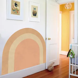 Boho arch wall decal showing styled living room interior scene with warm neutral tones.