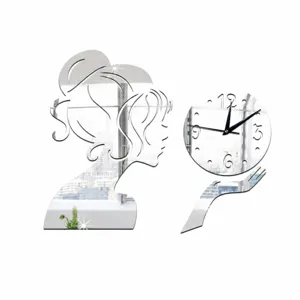 Acrylic mirror wall clock sticker, 36x30cm modern DIY girl silhouette decor for room.
