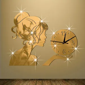 Acrylic Girl Mirror Wall Clock Mute Wall Sticker Modern Art Design Home Decor for Living Room Bedroom Study