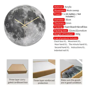 Acrylic moon wall clock specification details showing 30cm size and silent sweep movement.