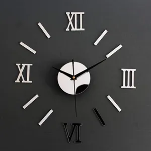 Close-up detail of modern DIY acrylic mirror Roman numeral wall clock dial and hands.