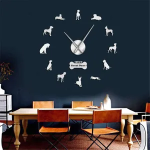 Large acrylic mirror wall clock with Great Dane dog silhouettes for modern living room decor.