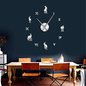Large DIY acrylic wall clock featuring Roman numerals and rabbit silhouette for living room.