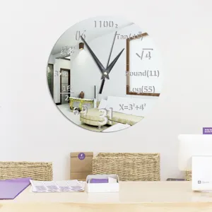 Modern acrylic mirror wall clock with creative math formulas design for living room decor.