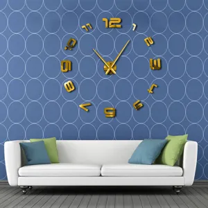 Details of large DIY acrylic mirror wall clock with 3D gold digits for living room decor.