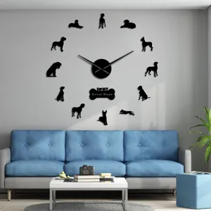 Large DIY acrylic mirror wall clock with Great Dane dog silhouettes and center clock hands.