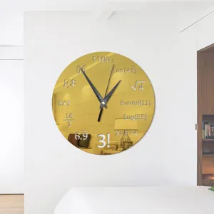 Modern gold acrylic wall clock detail, creative math formula design, clear indoor display.