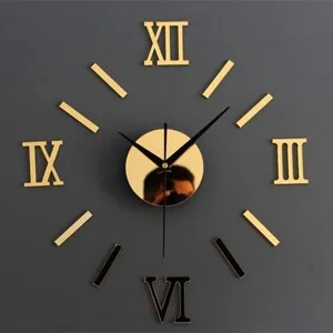 Modern DIY 3D Large Wall Clock Acrylic Mirror Roman Numerals Quiet Home Decor Living Room