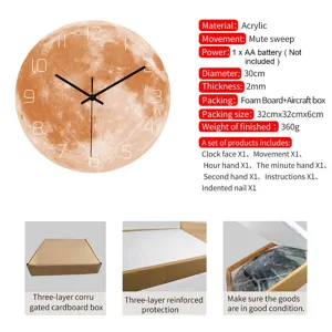 Acrylic moon wall clock 30cm silent sweep movement modern home decor wall hanging watch