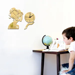 3D Acrylic Mirror Wall Clock Girl Silhouette Silent Clock for Living Room Bedroom Decor