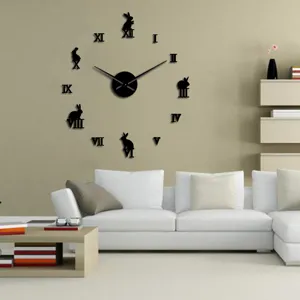 DIY acrylic wall clock detail with Roman numerals and cute rabbit silhouette for room.
