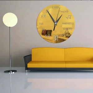 Modern acrylic wall clock with math equations design, gold mirror round clock for home decor.