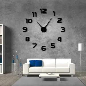Modern 3D DIY acrylic wall clock for living room decor, large frameless numbering display.