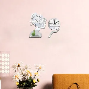 Acrylic mirror wall clock featuring a creative girl profile design, perfect for home decor.