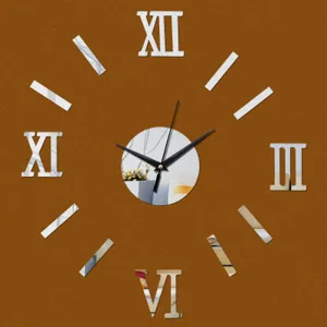 Detail shot of DIY acrylic mirror wall clock with Roman numerals, silent quartz movement display.