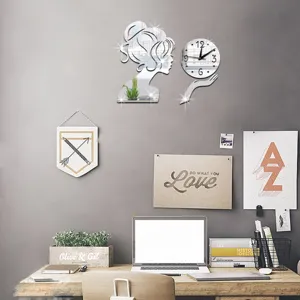 Acrylic mirror wall clock featuring a stylish girl silhouette, silent quartz decor for home.