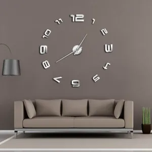 Modern DIY acrylic mirror wall clock, large 3D numeric stickers with metal hands for home decor.