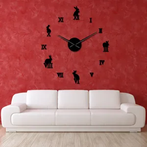 Large DIY acrylic wall clock with Roman numerals and cute rabbit silhouettes for living room decor.