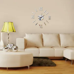 Modern acrylic DIY wall clock scene, elegant living room home decor detail view display.