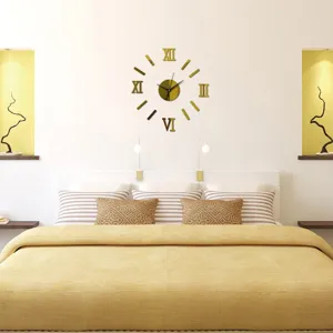 Gold acrylic mirror DIY wall clock displayed in modern bedroom scene, silent quartz mechanism.