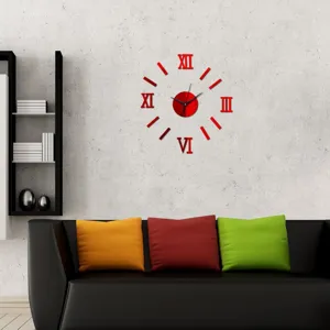 Close-up detail of a modern red acrylic DIY wall clock with Roman numerals in a living room.