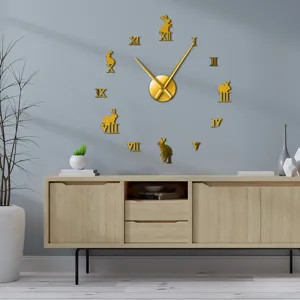 Large acrylic wall clock with roman numerals and rabbit design for living room decor.