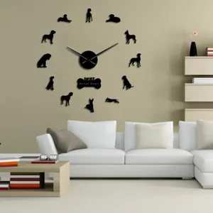 Large DIY acrylic mirror wall clock with Great Dane dog silhouettes for modern living room decor.
