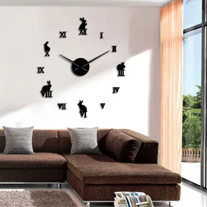 Acrylic DIY wall clock with Roman numerals and rabbit silhouettes, perfect living room decor.