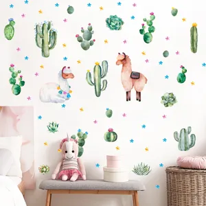 Adesivi da parete con cactus e alpaca ad acquerello, decorazioni luminose per camerette.