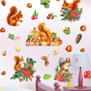 Stickers muraux écureuil lumineux pour chambre d'enfant, autocollants plantes noisettes.