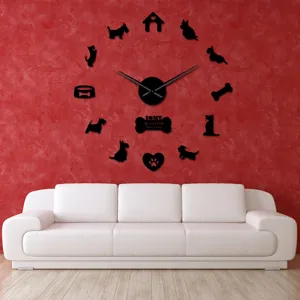 Scottish Terrier Acrylic 3D Mirror Wall Clock DIY Large Silent Clock European Style Home Living Room Decorative Wall Art