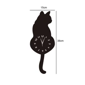 Modern cat wall clock silent sweep quartz movement black home decor wall art 15x38cm