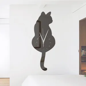 Modern cat shape mirror wall clock for living room and bedroom, silent DIY clock decor.