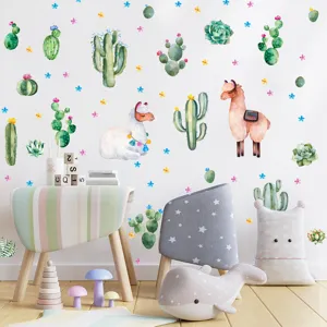 Bellissimi adesivi murali acquerello lama e cactus simpatici per decorare cameretta bambini.