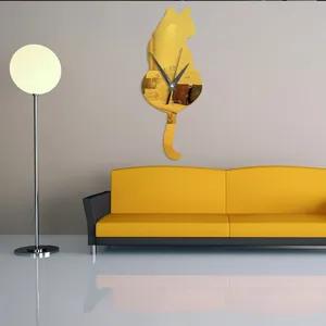 Modern gold cat mirror wall clock DIY silent acrylic timepiece for living room home decor styling