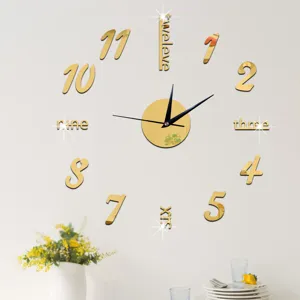 DIY acrylic mirror wall clock for living room bedroom home decor golden modern design style