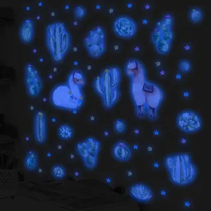 Adesivi murali luminosi cactus alpaca, decorazioni succulente fluorescenti per cameretta.