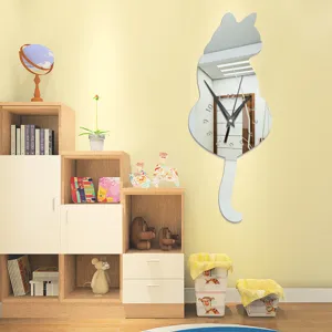 Modern cat mirror wall clock silent DIY decorative clock for living room and bedroom home.