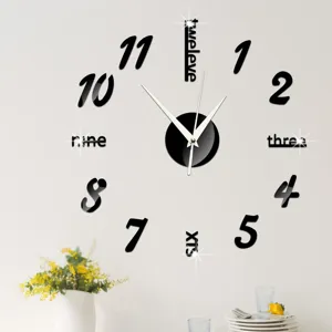 Detail view of DIY acrylic wall clock with glossy black 3D numbers and English time words on white wall.