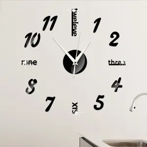 DIY acrylic mirror wall clock for living room bedroom, modern black decorative clock.